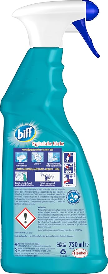 Biff Bad Total Hygienic Fresh Bathroom Cleaner (750 ml), Bathroom Cleaner Against Limescale & Dirt, Spray Bottle, Limescale Remover for All Surfaces and Hygienic Cleanliness Throughout the Bathroom