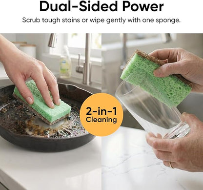 Superio Non-Scratch Cellulose Sponge Scrub (12-Pack) Heavy Duty Kitchen Sponges Scrubbers with Scouring Pad (Green)