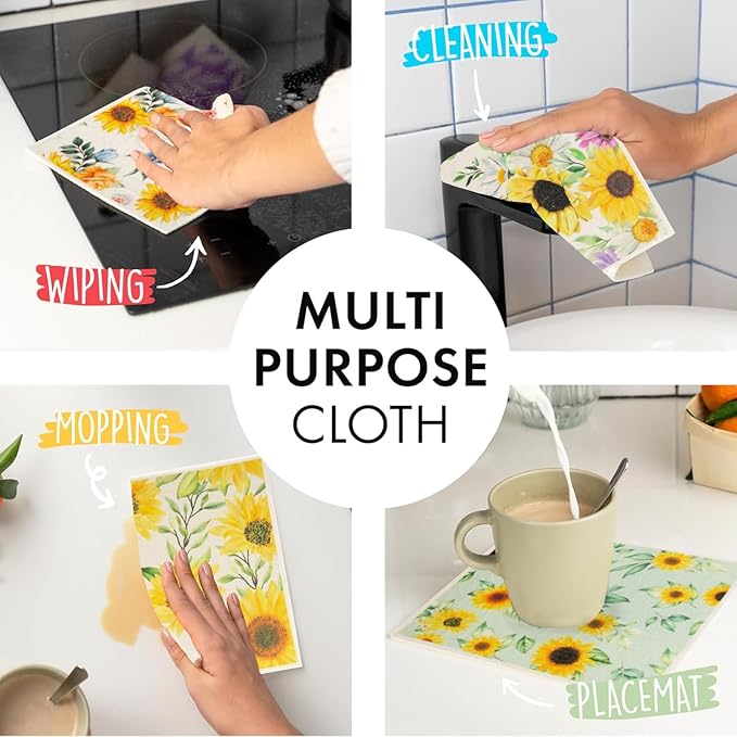 6 - Pack Swedish Kitchen Dish Cloths - Reusable Paper Towels for Counters & Dishes - Eco Friendly Cellulose Sponge Cloth (Sunflower)