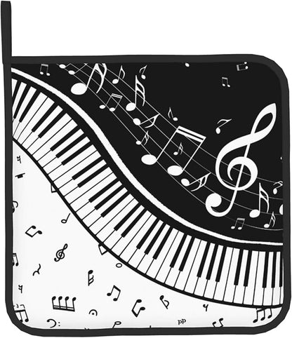 Oven Mitt and Pot Holders Sets - Music Kitchen Mitts Black White Piano Oven Gloves Hot Pads Set of 2 for Cooking BBQ Baking Grilling