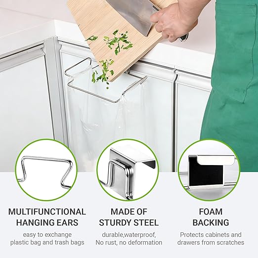 Trash Bag Holder, Stainless Steel Garbage Bag Holder Portable Under Sink Bag Hanger for Kitchen Cabinet Doors Bathroom