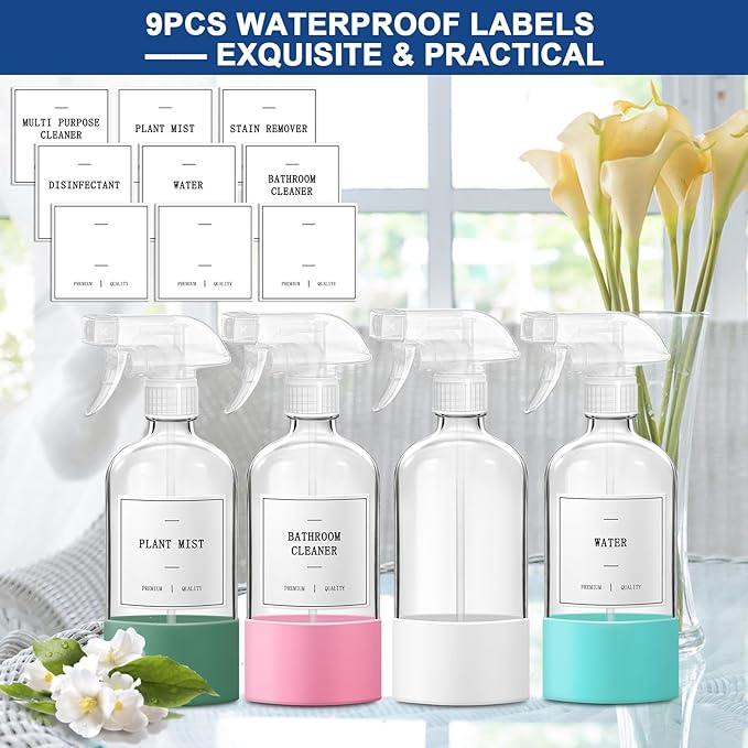 Glass Spray Bottles for Cleaning, 4 Pack Clear Empty Spray Bottle for Cleaning Solutions, 17 fl oz Reusable Spray Bottle for Plants with Silicone Boot, Cleaning Spray Containers with Labels