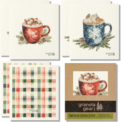 Home by GranolaGear-Christmas Swedish Dishcloths for Kitchen 6-Pack Reusable Paper Towels, Eco-Friendly, Compostable, Biodegradable Dish Wash Cloths, Washable Sponge, Winter Holiday Art-Hot Cocoa Bar