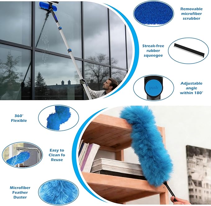 25FT Reach High Ceiling Duster Kits with 5-20FT Adjustable Pole - Includes Extra Long Duster, High Ceiling Duster, Rotatable Window Squeegee & Cobweb Duster for Ceiling Fans and Whole House Cleaning