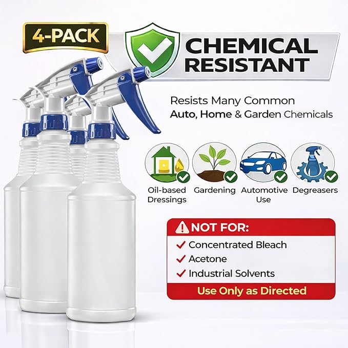 Bar5F Set of 4 Premium Empty 16 oz Spray Bottles, NBR Gasket - Superior Hydrocarbon Resistance - Ideal for Auto Detailing & Industrial Cleaning