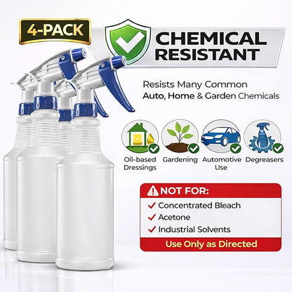 Bar5F Set of 4 Premium Empty 16 oz Spray Bottles, NBR Gasket - Superior Hydrocarbon Resistance - Ideal for Auto Detailing & Industrial Cleaning
