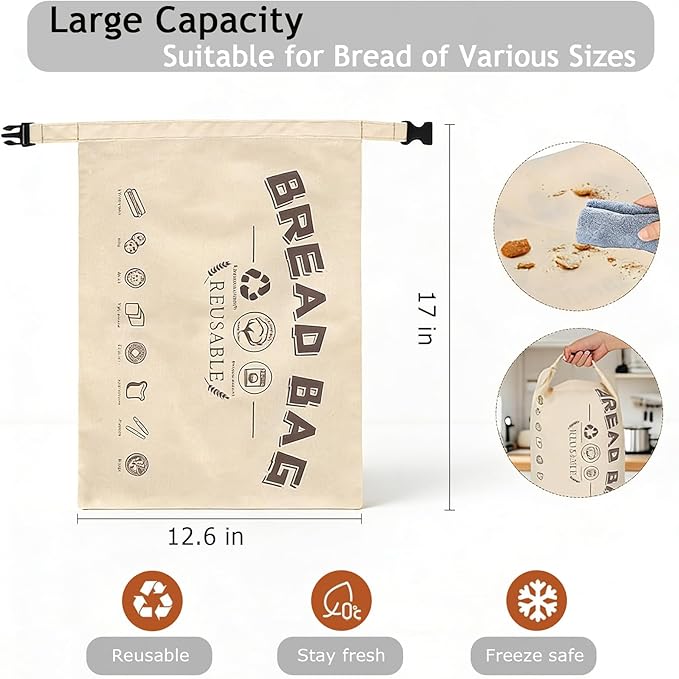2 Pack Reusable Beeswax Bread Bags, Organic Cotton Sourdough & Baguette Storage Bag with Detachable Lining, Freezer Safe Eco-friendly Bread Fresh Keeper for Kitchen