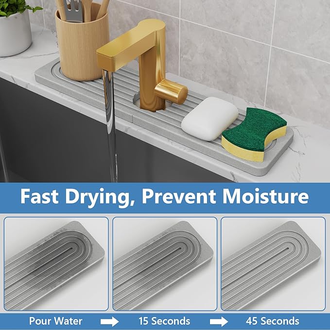 24'' Longer Stone Faucet Mat for Kitchen Sink [Super Absorbent, 30s Quick Drying] Water Absorbing Stone Tray for Sink Stone Mat for Kitchen Sink Stone Quick Dry Around Faucet Diatomite Stone Sink Tray
