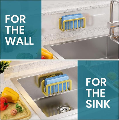 TAILI Sponge Holder for Kitchen Sink with Strong Suction Cup, Rustproof Aluminum Sink Caddy for Sponges, Removable Sponge Holder, Dish Brush for Scraper - Gold