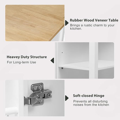 47" Kitchen Island with Extendable Dining Table, Movable Farmhouse Kitchen Islands with Storage Rack, Power Outlet, Island Table on Wheels with 2 Storage Drawers & 2 Cabinets, White