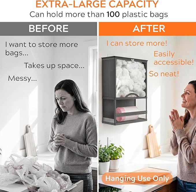 Plastic Bag Holder, Grocery Bag Holder with Trash Bag Roll Dispenser, Wall Mounted Soft Fabric Trash Bag Dispenser (Not Rigid), 14.6" L × 7.7" W × 19.3" H, for Kitchen Pantry Laundry Garage, Gray
