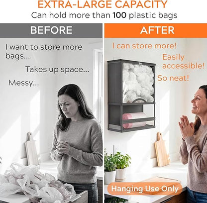 Plastic Bag Holder, Grocery Bag Holder with Trash Bag Roll Dispenser, Wall Mounted Soft Fabric Trash Bag Dispenser (Not Rigid), 14.6" L × 7.7" W × 19.3" H, for Kitchen Pantry Laundry Garage, Gray