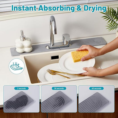 Stone Faucet Mat for Kitchen Sink with Oval Hole – 23.6" × 3.9" Diatomite Drying Stone Mat & Sink Protector, Quick-Dry Splash Guard Water-Absorbing Tray for Bathroom Counter（Gray.23.6" x 3.9"