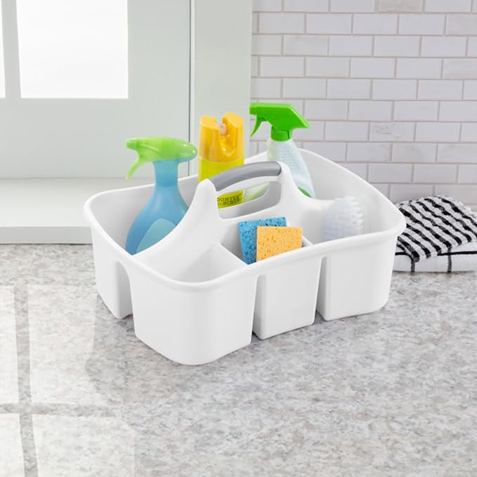 Sterilite Divided Ultra Caddy, Plastic, Portable Storage to Hold Bathroom and Cleaning Supplies, 5 Large Compartments and Handle, White, 12-Pack