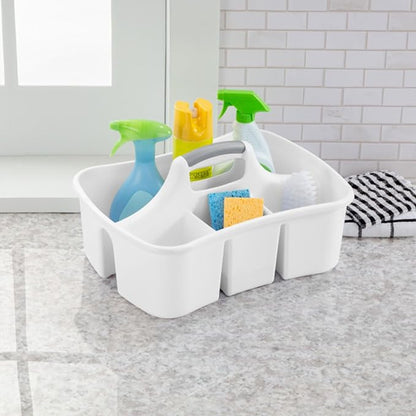 Sterilite Divided Ultra Caddy, Plastic, Portable Storage to Hold Bathroom and Cleaning Supplies, 5 Large Compartments and Handle, White, 12-Pack