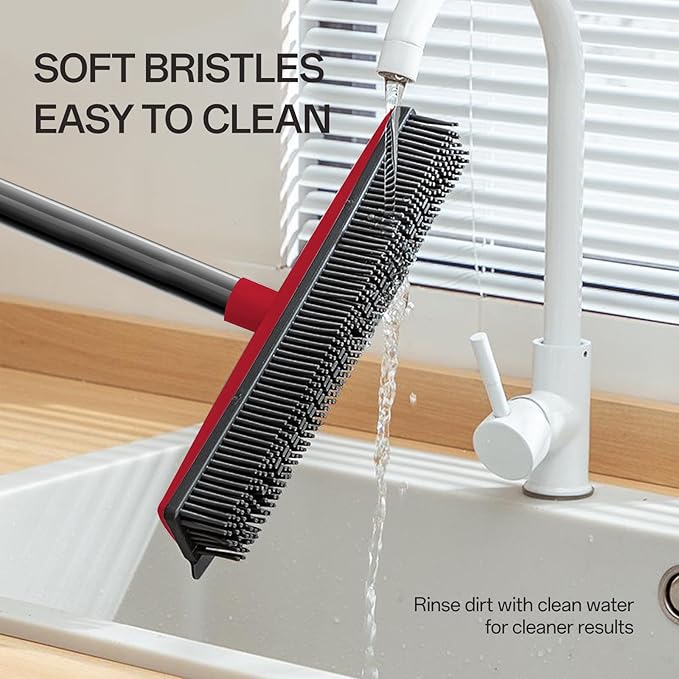 Rubber Broom Pet Hair Remover for Carpet with Squeegee - 50" (130cm) Sturdy 4-Piece Sectional Handle, 3-Level Adjustable Height Silicone Broom for Rugs, Tile, Hardwood Floors & Windows