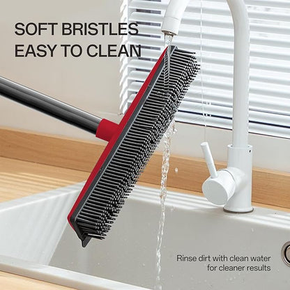 Rubber Broom Pet Hair Remover for Carpet with Squeegee - 50" (130cm) Sturdy 4-Piece Sectional Handle, 3-Level Adjustable Height Silicone Broom for Rugs, Tile, Hardwood Floors & Windows