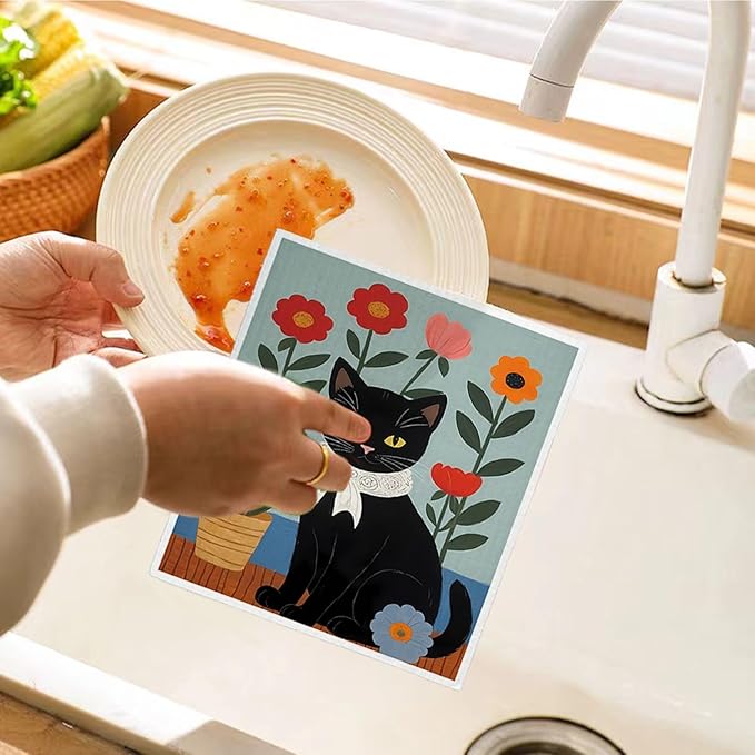 Cat Flowers Swedish Dishcloths for Kitchen, Papaya Reusable Paper Towels, 4 Pack Watercolor Dish Towels