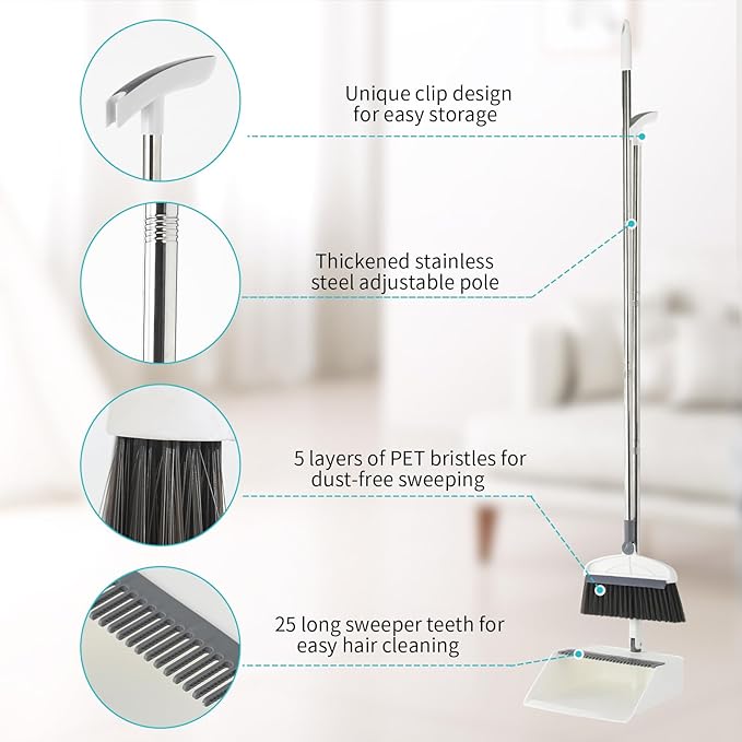 Broom with Dustpan Combo Set, 2 in 1 Broom and Dustpan Set with Long Handle, Upright 180° Rotating Broom with Brush and Lightwight Dust Pans for Home Kitchen Room Office Lobby Floor Cleaning，White