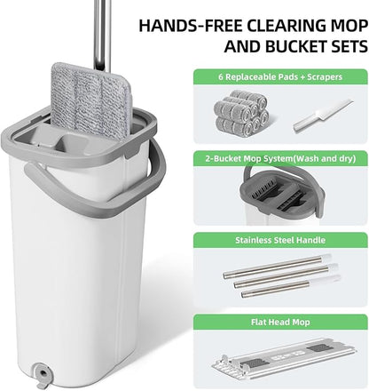 Mop and Bucket Set: 360° Flat Squeeze Mop with Long Handle & Wringer Bucket, 6 Washable Microfiber Pads for Kitchen, Bathroom, Wall Cleaning, Wet Dry Use, Lovely Gift for Women