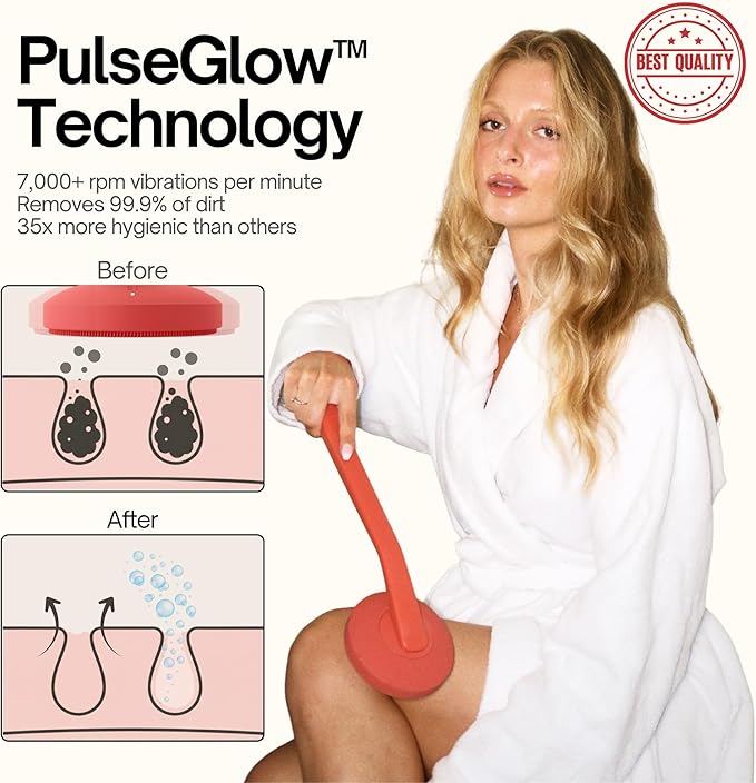 Aura Body Clean Pro⁺ - Silicone Electric Body Scrubber for Acne, Ingrown Hair & KP - IPX7 Waterproof, Rechargeable Exfoliating Shower Brush with Handle. Freeform Grip, & 7000+ Sonic Vibration - Cherry