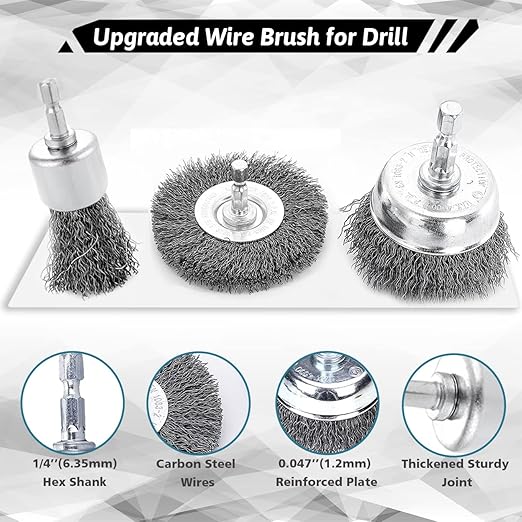 Double Elite 7 Pcs Wire Cup Brush for Drill, 1/4 Inch Hex Shank Abrasive Wire Wheel for Drill, Drill Wire Brush Attachments Set Coarse Crimped Carbon Steel for Home Use, Rust Removal, Polishing