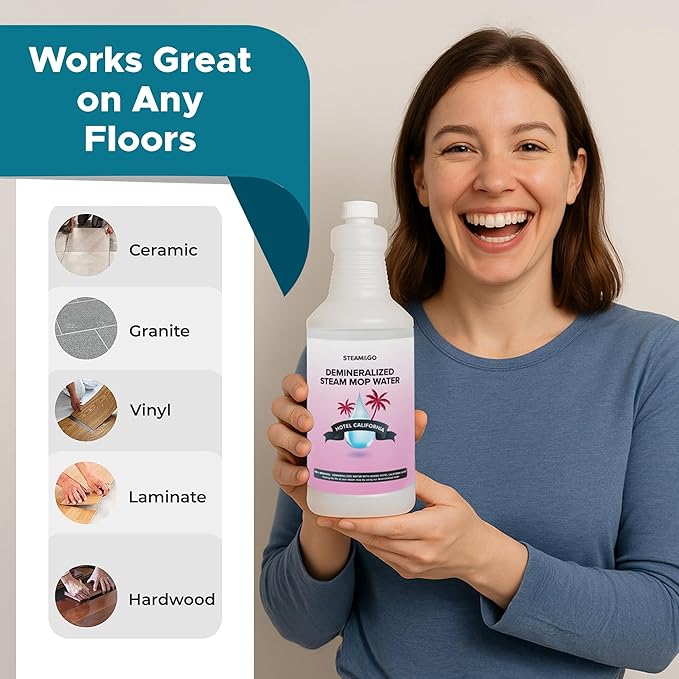 Steam & Go Demineralized Water - Multi-Surface Cleaner for Steam Cleaners, Hardwood Floors, Kitchens, & Bathrooms - Germ-Killing Formula - Hotel California Scent - 32 Ounces (Pack of 12)