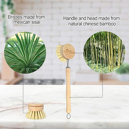 Bamboo Dish Brush with Handle - Soft Bristle, Non Toxic Dish Scrubber Compostable & Sustainable Bamboo Scrub Brush for Dishes, Pots and Pans