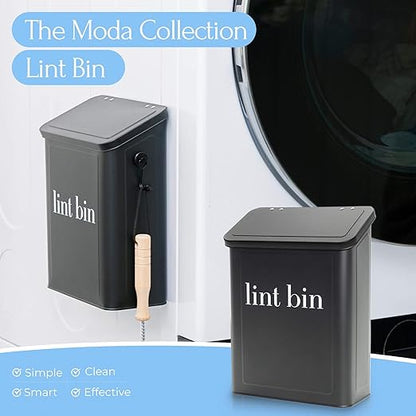 Magnetic Laundry Lint Bin for Dryer | Wall-Mounted Small Trash Can for Laundry Room | Includes Magnetic Hook & Lint Brush | Space-Saving Magnetic Laundry Trash Can | Matte Black
