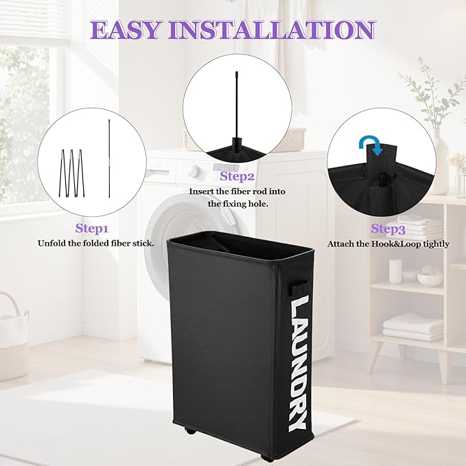 Black Rolling Laundry Hamper, Slim Laundry Basket with Wheels for Small Spaces, 42L Tall Narrow Dirty Clothes Hamper, Collapsible Laundry Bin for Bedroom Dorm Laundry Room
