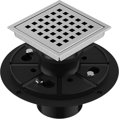 EXF Square Shower Drain 4-3/8 Inch Brushed Nickel, Stainless Steel Shower Floor Drain Kit with ABS Flange, Removable Cover Grid Grate, Hair Strainer