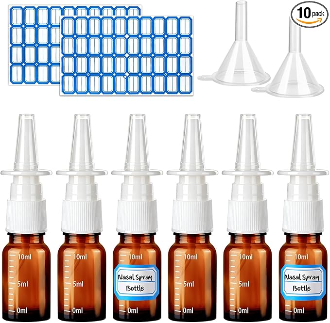 10 Pcs Nasal Spray Bottle, 10ML/0.35OZ 6Pcs Empty Glass Brown Scale Nose Spray Bottles Refillable with 2 Funnels and 2 Labels