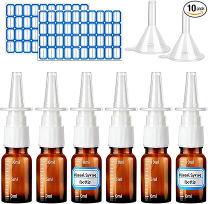 10 Pcs Nasal Spray Bottle, 10ML/0.35OZ 6Pcs Empty Glass Brown Scale Nose Spray Bottles Refillable with 2 Funnels and 2 Labels
