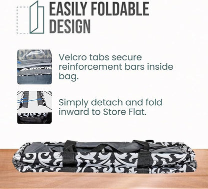 Extra Large Utility Tote Bag - Oversized Collapsible Reusable Wire Frame Rectangular Canvas Basket With Two Exterior Pockets For Beach, Pool, Laundry, Car Trunk, Storage - Damask Gray