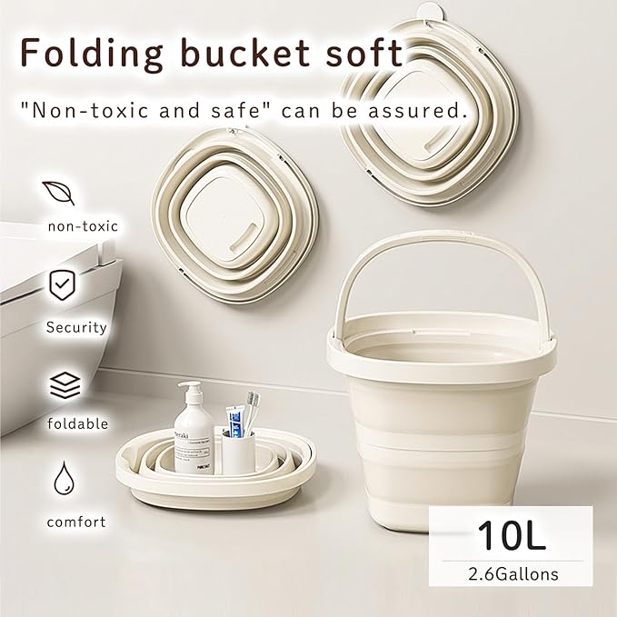 Folding Bucket, Water Bucket, 5L, 10L, Thick, Multi-Functional, Convenient, Foot Bath, Square, Stylish, Camping, Laundry, car wash, Foot Bath, Fishing (Grey-5L)