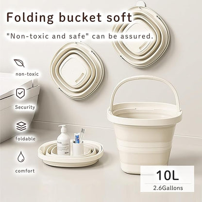 Collapsible Utility Bucket with Handle, 10L Sizes, Multi-Purpose for Foot Bath, Cleaning, Storage, Beige (Grey+Beige)