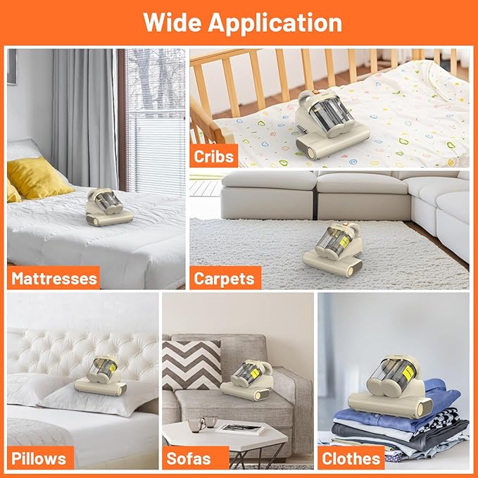 Mattress Vacuum Cleaner,16Kpa Suction with 253.7nm UV-C Light Bed Vacuum, 4400 Beats/Min,140℉ Heat Dry,Double-Cup Handheld Vacuums for BedCouch,Carpet,HEPA Filter System-Corded(White)