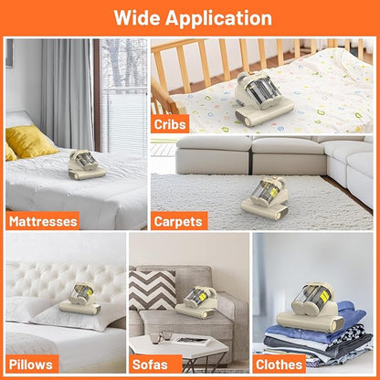 Mattress Vacuum Cleaner,16Kpa Suction with 253.7nm UV-C Light Bed Vacuum, 4400 Beats/Min,140℉ Heat Dry,Double-Cup Handheld Vacuums for BedCouch,Carpet,HEPA Filter System-Corded(White)
