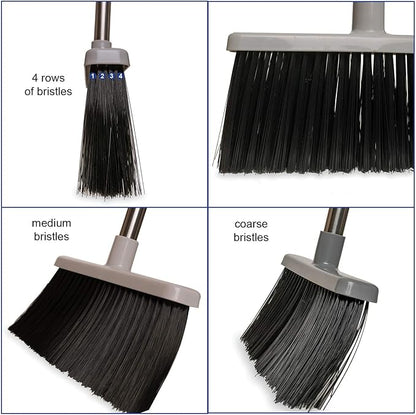 JFB Home Products BristleComb Outdoor Broom & Dustpan Set Upright, 49" Long Adjustable Broom, Long Handle, Self-Cleaning Comb & 2 Interchangeable Heads of Different Stiffness - Medium and Coarse