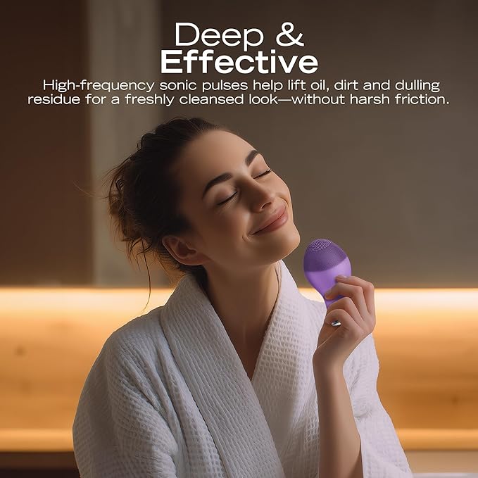Nautica PC120 Facial Cleansing Brush Made with Ultra-Hygienic Soft Silicone, Waterproof, Rechargeable Vibrating Face Exfoliator Scrub Brush with Sonic Technology for Men & Women - Hy Purple