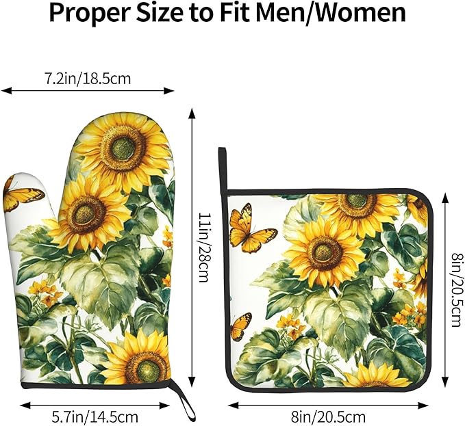 Sunflower Oven Mitts and Pot Holders Spring Summer Kitchen Accessories Set of 2 Floral Plant Botanical Gloves Potholder for Chef Cooking Baking Grilling BBQ