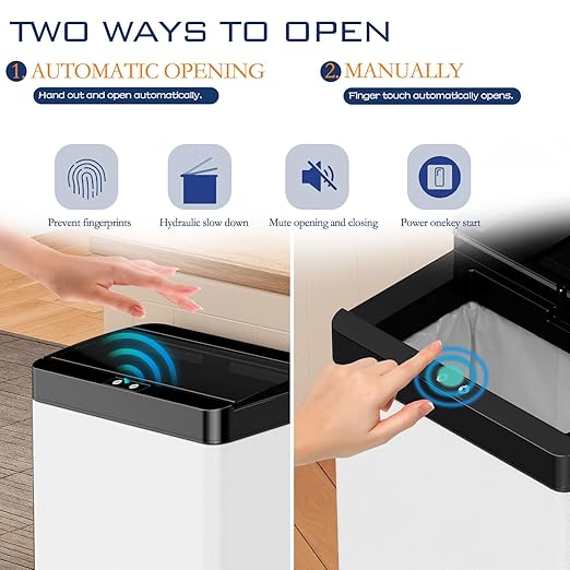 13 Gallon Trash Can Kitchen Trash Can with Lid High Capacity Automatic Garbage Can Stainless Steel Motion Sensor Trash Bin for Kitchen Bedroom, White