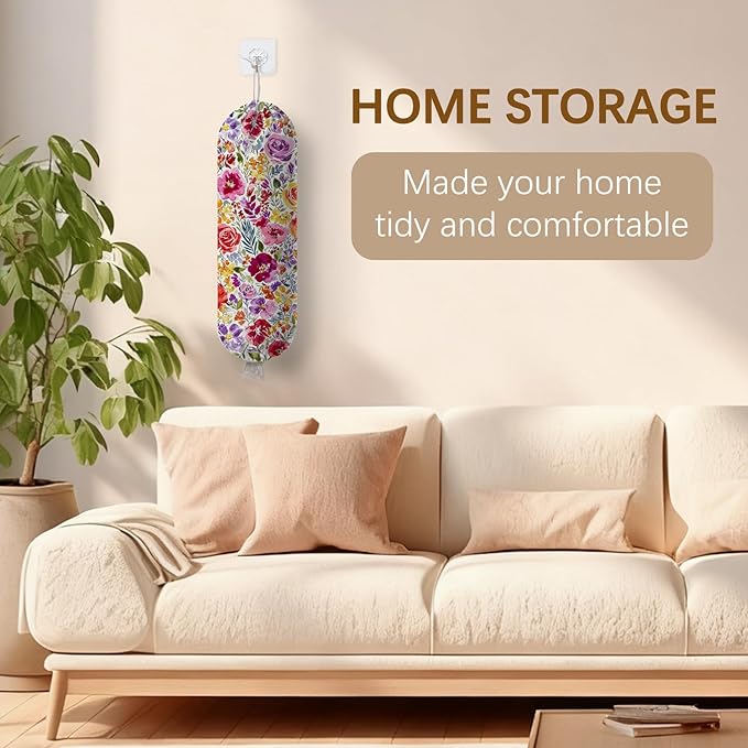 Plastic Bag Holder Dispenser, Plastic Grocery Bag Organizer & Wall Mount Paper Trash Bags Saver Storage for Kitchen Home Pantry Decor, Colorful Floral Kitchen Decor Shopping Bags Storage Dispenser