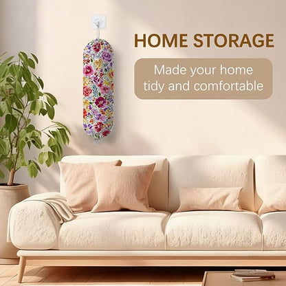 Plastic Bag Holder Dispenser, Plastic Grocery Bag Organizer & Wall Mount Paper Trash Bags Saver Storage for Kitchen Home Pantry Decor, Colorful Floral Kitchen Decor Shopping Bags Storage Dispenser
