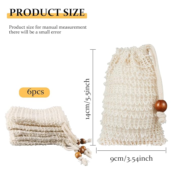 Soap Saver Bag, Soap Bag Soft for Shower, Exfoliating Mesh Soaps Saver Pouch Bags for Facial Body Cleansing Foaming (3.5''x5.5'', Beige with Wooden Beads)
