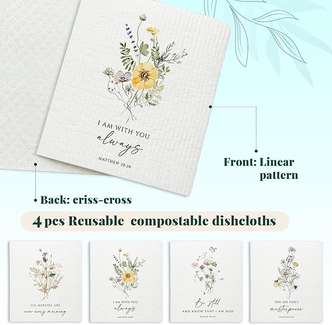 Christian Swedish Dishcloths for Kitchen, Floral Swedish Dish Towels, Scripture Kitchen Towels, Papaya Reusable Paper Towels, 4 Pack Swedish Dish Cloths for Kitchen, Sponge Cloths