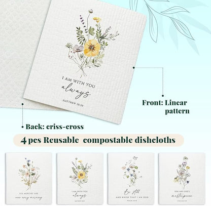 Christian Swedish Dishcloths for Kitchen, Floral Swedish Dish Towels, Scripture Kitchen Towels, Papaya Reusable Paper Towels, 4 Pack Swedish Dish Cloths for Kitchen, Sponge Cloths