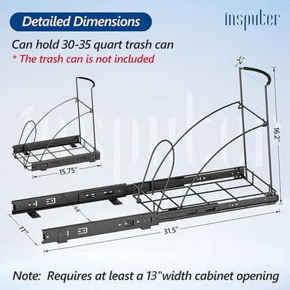 Insputer Pull Out Trash Can Under Cabinet, Requires 13" W X 18" D Cabinet, Under Sink Trash Can Kit, Slide Out Garbage for Kitchen(Not Included Can)