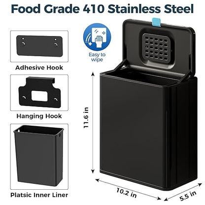 Stainless Steel Hanging Trash Can with Lid and Inner Bucket, 2 Gallon Kitchen Compost Bin for Counter Top, Under Sink or Wall Mount, Small Garbage Can for Cupboard/Bathroom/Bedroom/RV, Black
