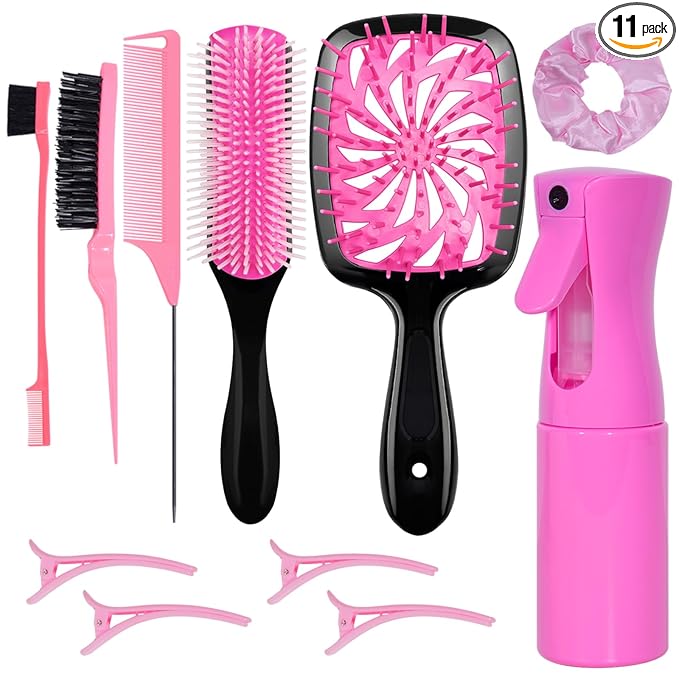 11 Pcs Hair Brush Set, Detangle Hair Brush And Spray Bottle, 3 Pieces Smooth Hairbrush For Toddlers, Suitable For Wet and Dry Hairstyles, Suitable For Adults And Children. (Pink)